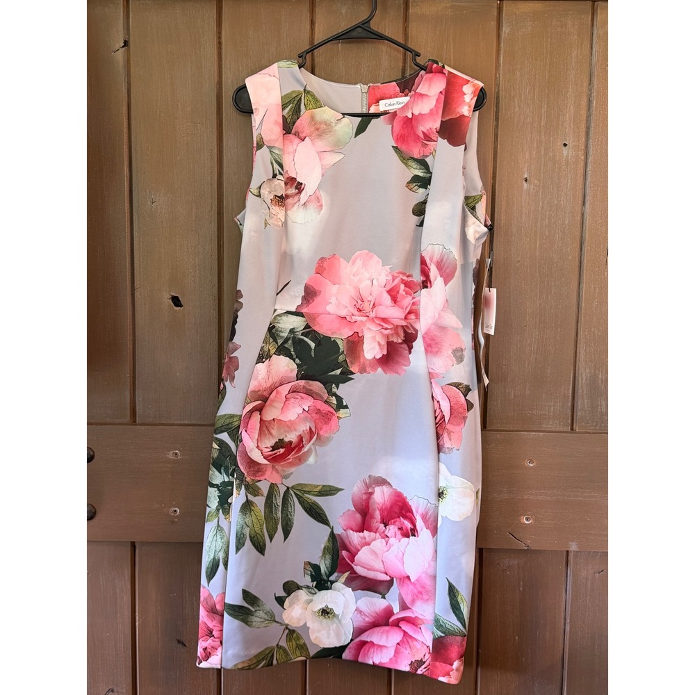 Calvin Klein Womens Pink Peony Floral Sheath Dress Grey Sleeveless Size 14 NWT